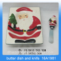 Regalo de Navidad santa diseño plato de mantequilla de cerámica y cuchillo